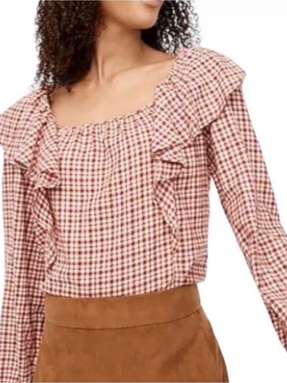 J.Crew Red Gingham Ruffle Square Neck Cotton Blouse Top XL - Picture 6 of 6